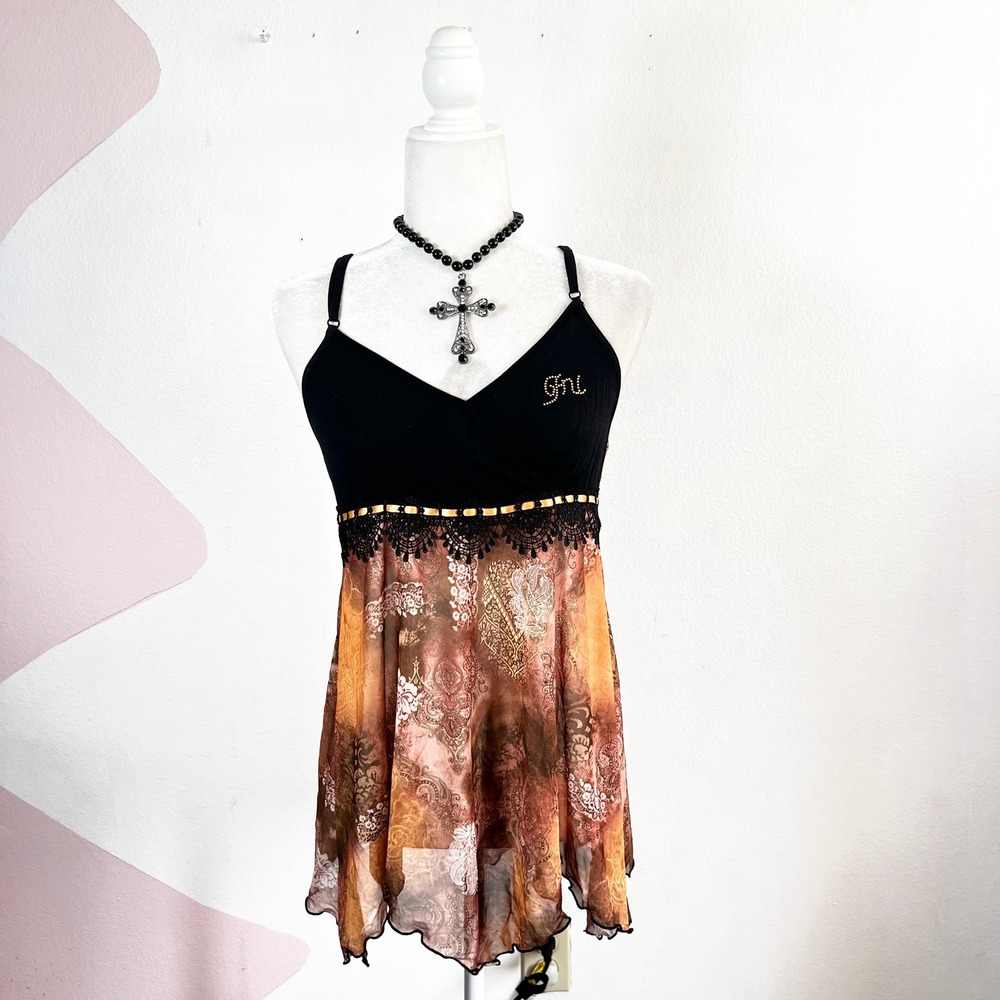 Vintage Y2k Fairy Top Sz Small Brown Paisley Asymmetrical Festival 2000s